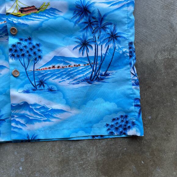 VINTAGE 60S HAWAIIAN SHIRT LARGE BLUE DOLPHIN - Picture 5 of 5